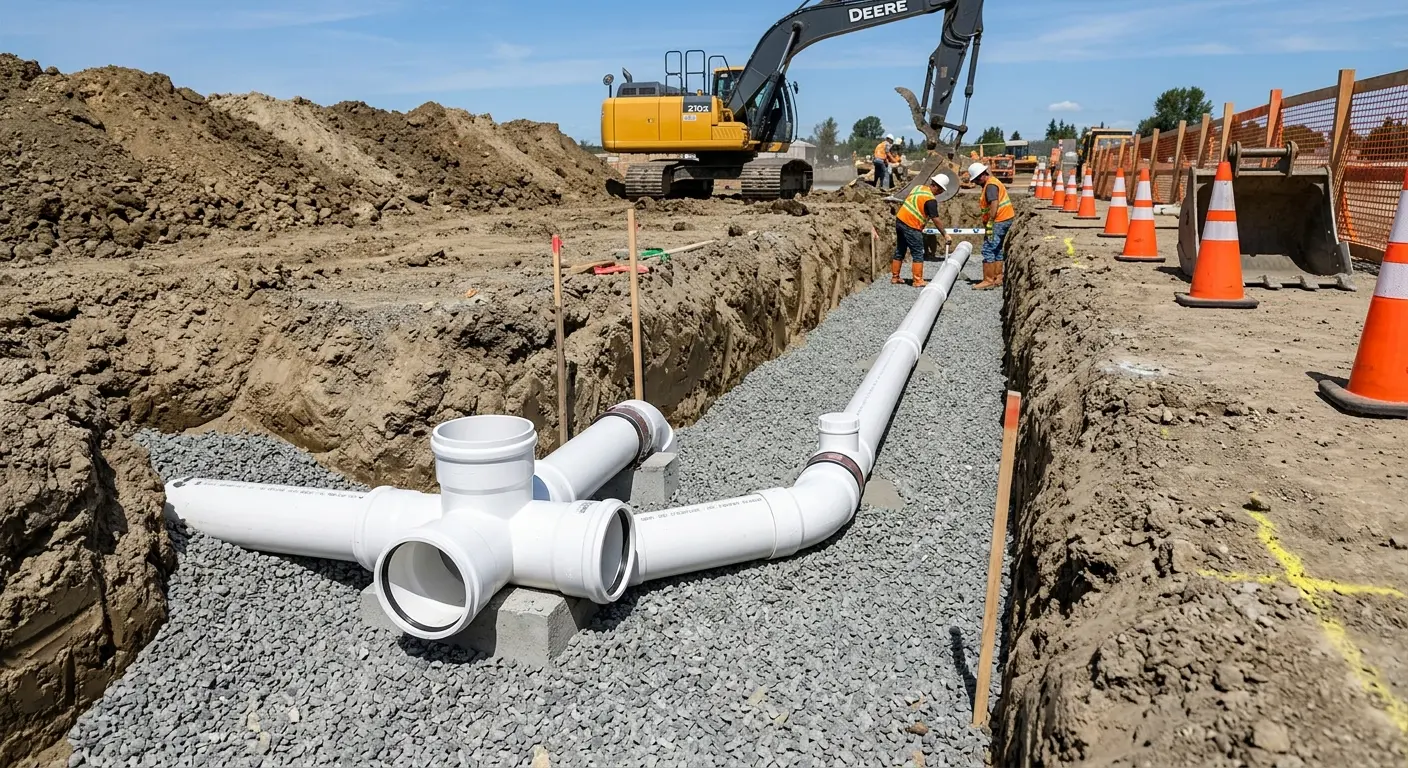 New PVC sewer pipe installation in open trench for Sewer Backup in Pearsall