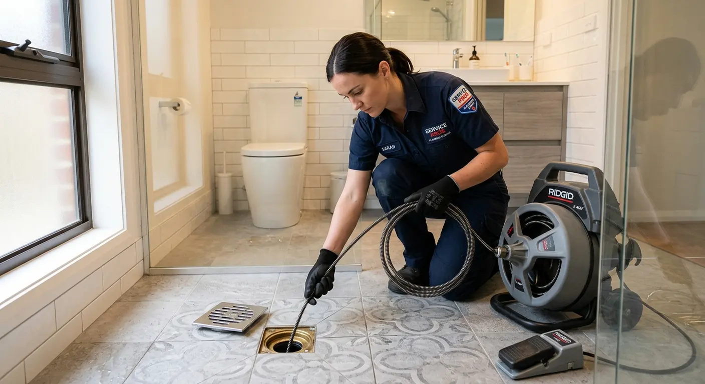 Technician clearing a bathroom floor drain for Drain Cleaning in Pearsall